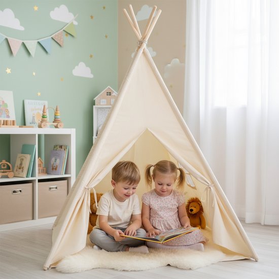 Sunny Vera Tipi-Zelt in Creme für Kinder – Wigwam-Spielzelt aus Baumwolle mit Fenster – Tipi-Zelt für Kinder mit Bodenmatte – 110 x 110 x 160 cm – Stangen aus Holz