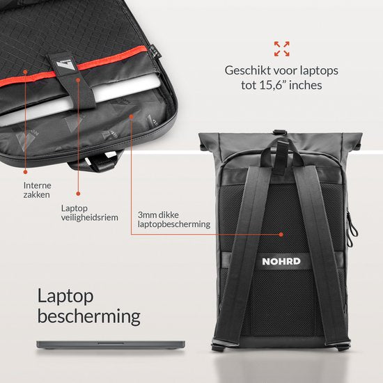 NOHRD Waterproof Rolltop Backpack Black - Rucksack Männer & Frauen - Wasserdicht - Rucksack mit Laptopfach - Wasserdichter Rucksack Laptop - Rucksäcke