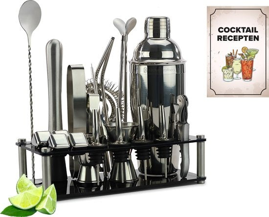 KitchenBrothers Cocktail Set mit Cocktail Shaker - 24 Teile - Umfassendes Set - Geschenkverpackung - Schwarz/Acryl