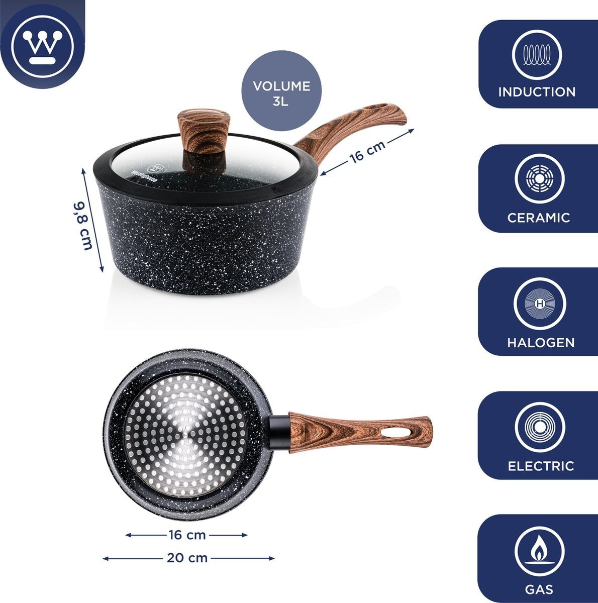 Westinghouse Kochtopf Induktion - Ã˜20 cm - Schwarzes Marmorholz - Sonderedition