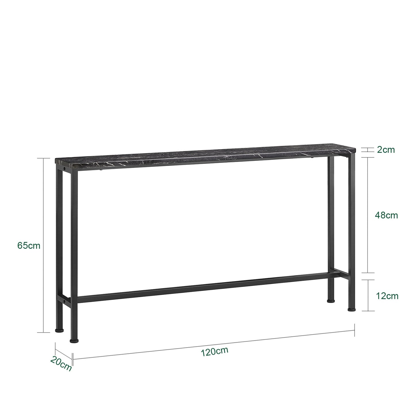 Sobuy Konsolentisch FSB19 SCH Beistelltisch – 120 cm lang, mit Tischplatte in Marmoroptik, schwarzem Metallgestell und Bodenschonern – für Flur und Wohnzimmer – Holz und Metall – 120 x 20 x 65 cm