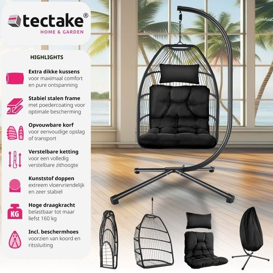 tectake - Hängesessel Ariane mit Ständer und Kissen 160kg - schwarz - 404981