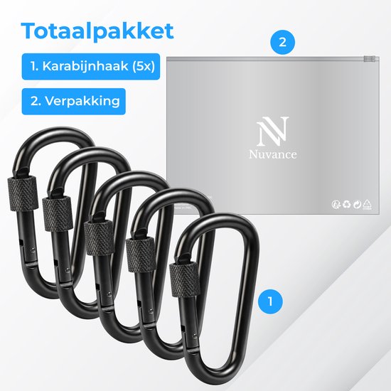 Nuvance Karabiner – 5 Stück – Karabiner-Schlüsselanhänger – 77 mm – Musketonhaken – Carabiner
