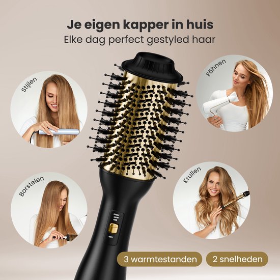 Auronic 4-in-1 Haartrocknerbürste - Airstyler - Kämme - Styles - Locken - Föhnen - 37 mm Lockenbürste - 360 Grad Luftstrom - Schwarz/Gold