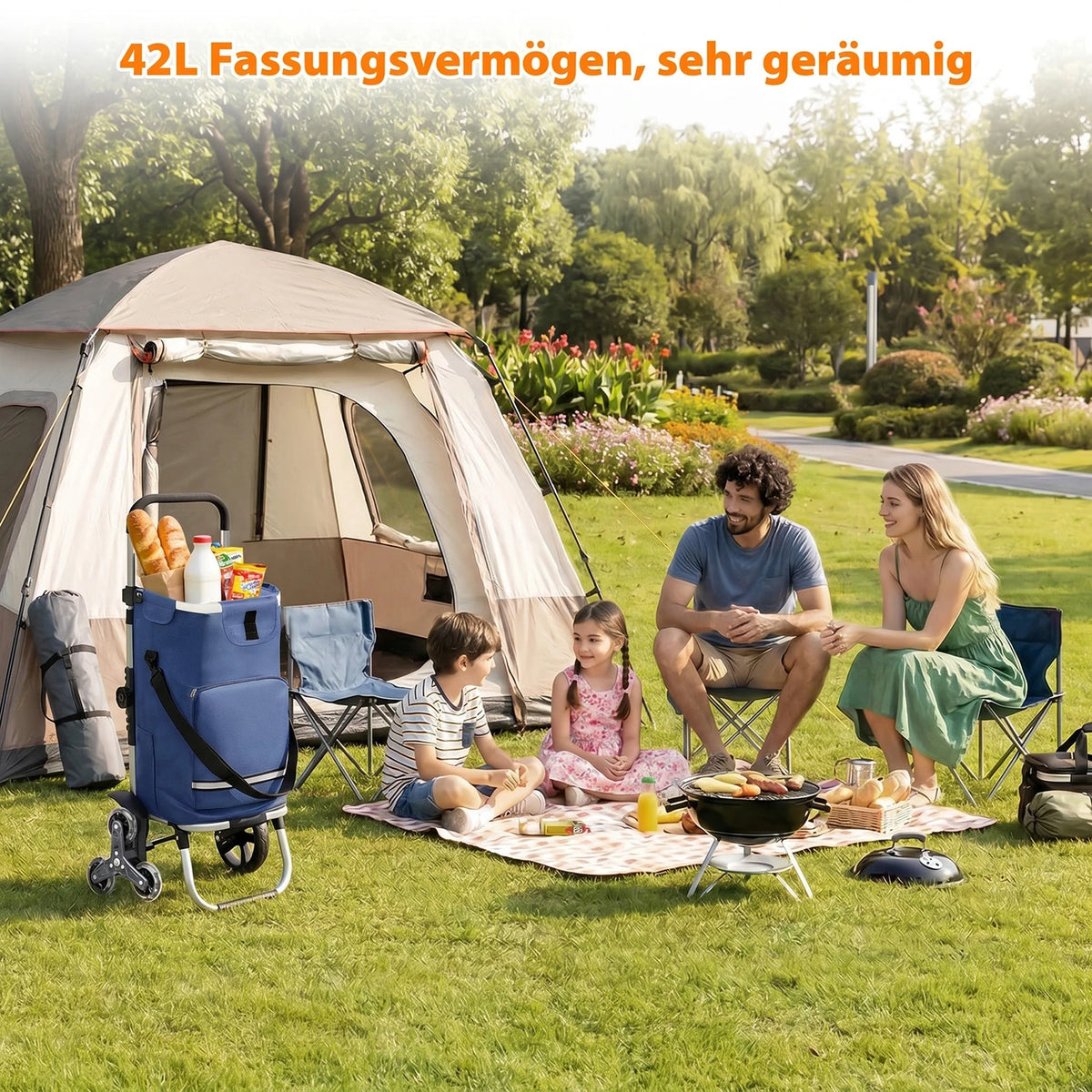 Zusammenklappbarer Einkaufswagen „Traploper“ 60 l – 3-in-1 mit Kühlfach und 6 Rädern – Aluminiumrahmen – Blau – 36 x 42 x 98 cm