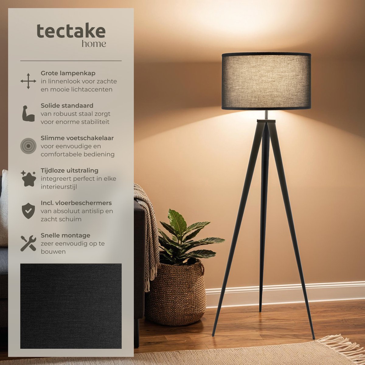 tectake® Stehleuchte - Stehleuchte 3-Fuß - 158 cm hoch - Schirm in Leinenoptik - Fußschalter - Schwarz