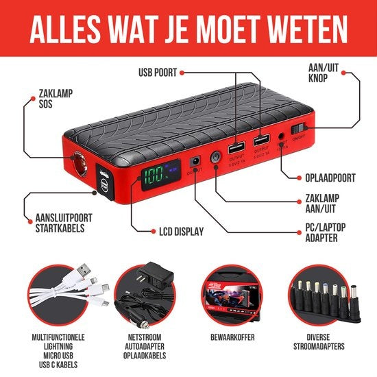 Strex - Starthilfe fürs Auto - 12V - 1000A / 18.000 mAh - 4-in-1 Starthilfe mit Powerbank - LED-Taschenlampe - SOS-Notleuchte - Rot