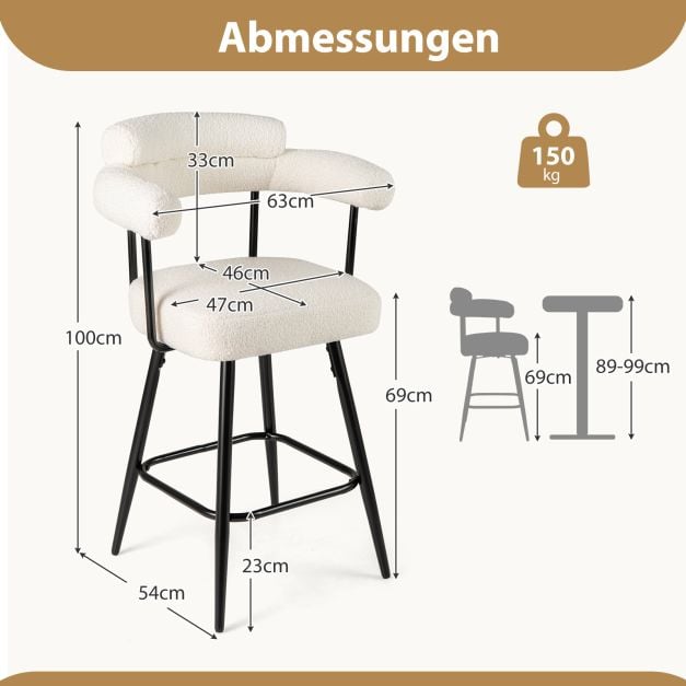 Coast 2er-Set Barhocker – Weiß/Schwarz – um 360° drehbar – Sitzhöhe 69 cm