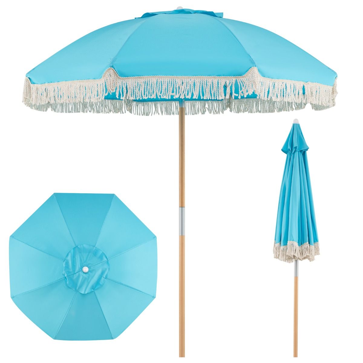 Coast Gartenschirm mit Fransen – Strandschirm aus Holz – verstellbarer Neigungswinkel – blau