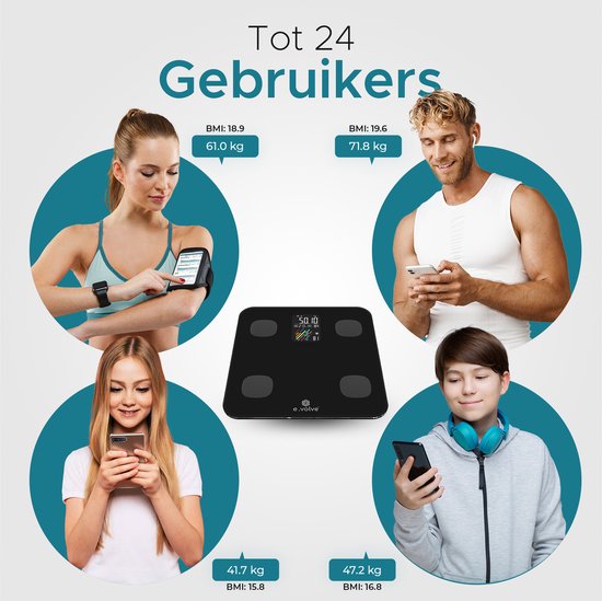 e.volve Waage Personenwaage Digital - 16 Messungen - Intelligente Waage mit Körperanalyse - Präzisionswaage - Waage - Digitale Waage - Inkl.
