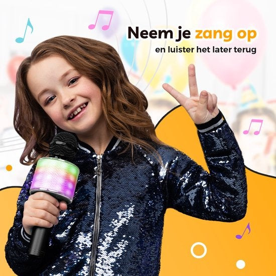 AyeKids 5-in-1 Karaoke-Mikrofon - Drahtlos & Bluetooth - Eingebauter Lautsprecher & Disco-Lichter - Inkl. AUX-Kabel - Mikrofon Kinder - Karaoke-Set - Schwarz