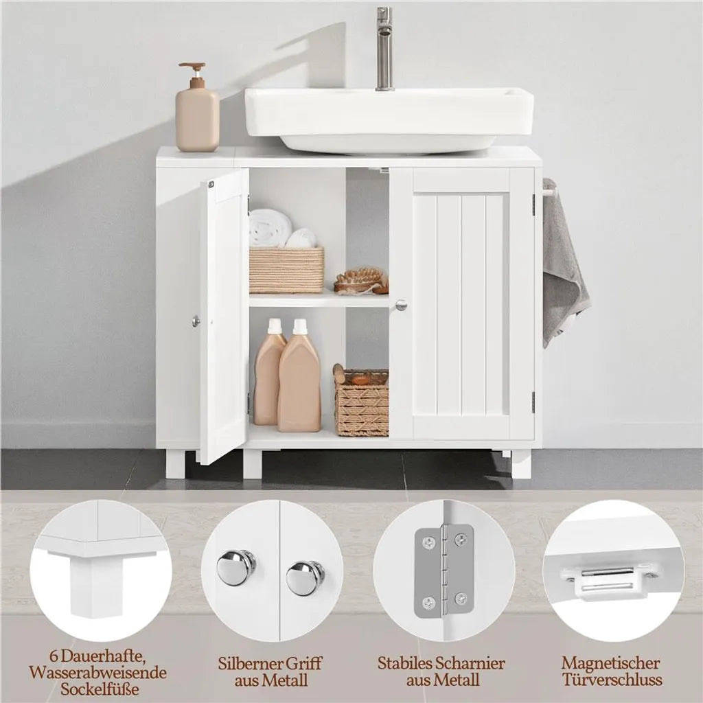 Yaheetech Waschbeckenunterschrank 75 x 30 x 62 cm – Weiß – Mit 4 Fächern, offenen Regalböden und Handtuchhalter