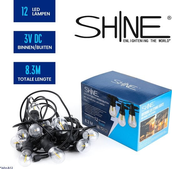 SHINE - Lichterkette für den Außenbereich - Solarbetriebene Lichtergirlande - Solar Led Prick Cord - Partybeleuchtung - Glühbirnengirlande - Gartenbeleuchtung - Vintage Basic Atmosphere Lighting - 12 Led E27 Glühbirnen mit Fernbedienung (8.3 Meters)