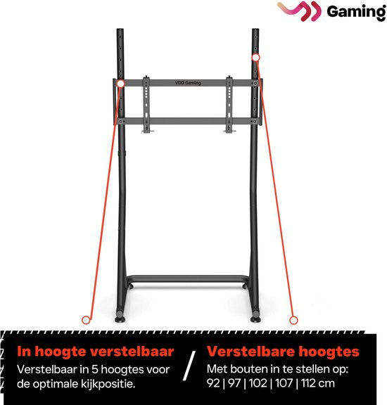VDD Gaming – Monitorständer – Monitorständer für Sim-Racing – Universal – 32" bis 55" – Freistehend – Verstellbar – Arretierbar – 72 x 48 x 123 cm – 50 kg – Schwarz