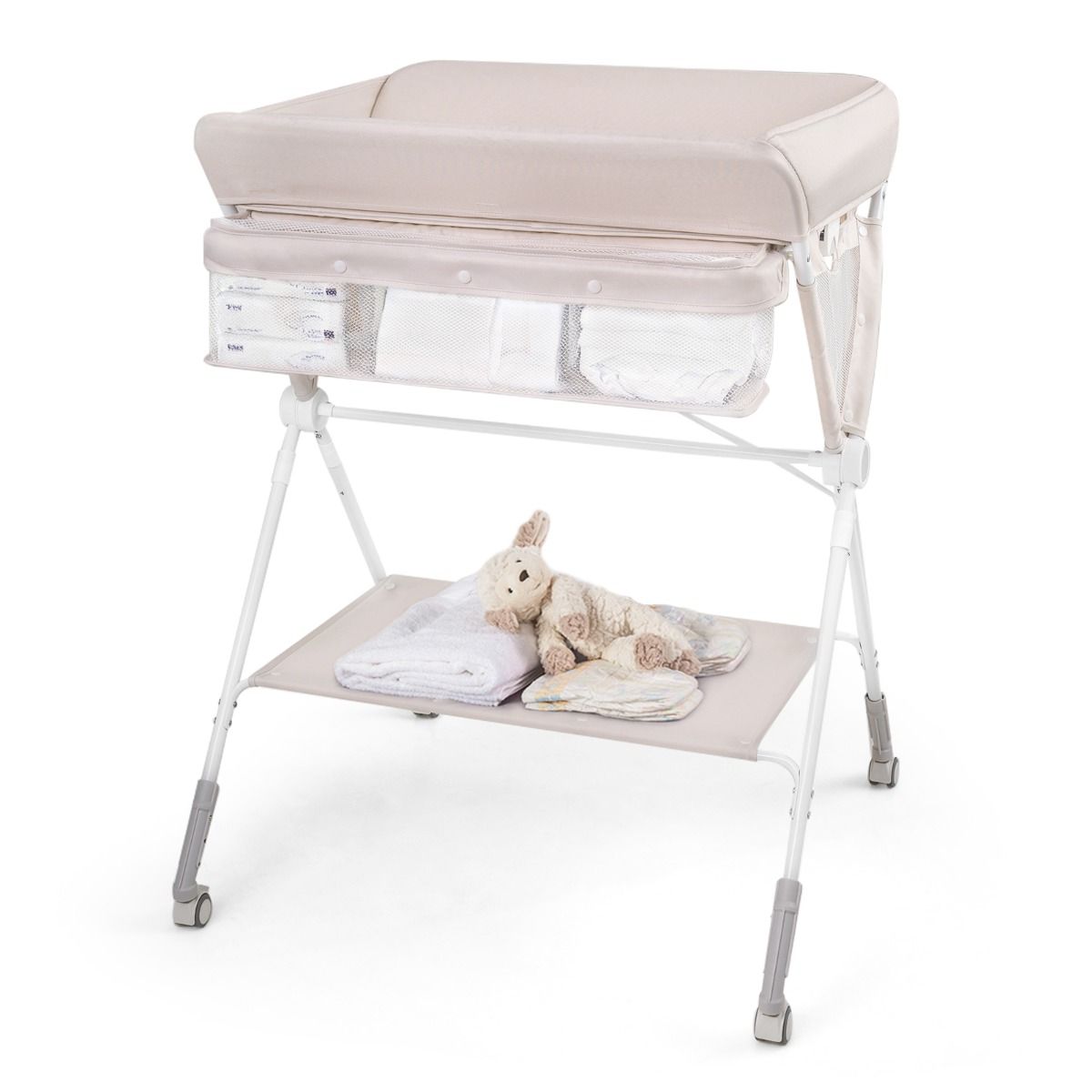Coast Klappbarer Wickeltisch – höhenverstellbar – mit Rollen und Stauraum – 81 x 66,5 x 95–101 cm