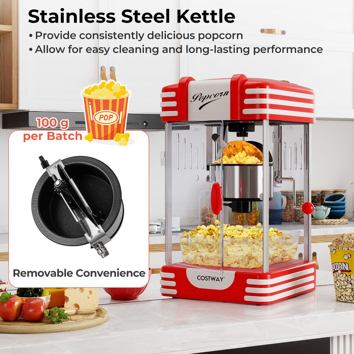 Coast Popcornmaschine – Retro-Kino-Stil – Warmhalte-Lampe – manuelle Bedienung – rot/weiß