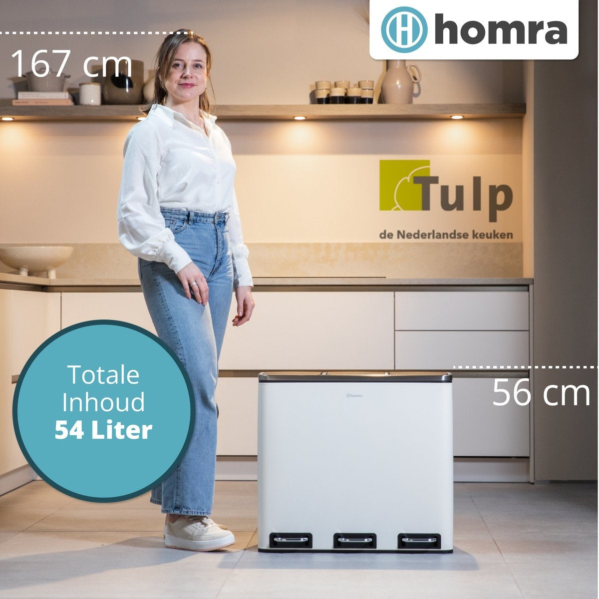 Homra SPARQ Abfalltrennbehälter 3 Fächer - 3 x 18 L Inhalt - 54 Liter - Weiß - Edelstahl