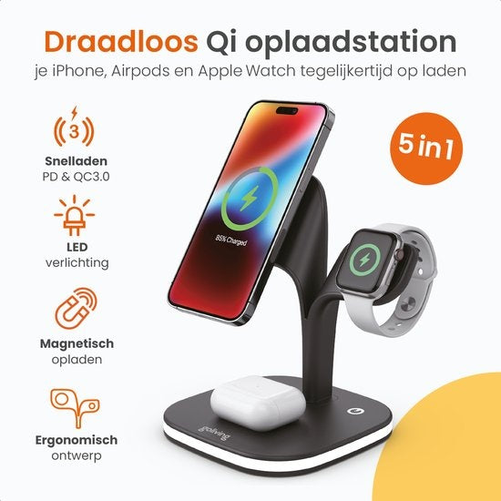 Goliving 5-in-1 kabellose Qi-Ladestation - Magsafe kabelloses Ladegerät - Geeignet für iPhone, Apple Watch & Airpods - Inklusive dimmbarem Nachtlicht und USB-Ausgang - 15W Schnellladegerät - Schwarz