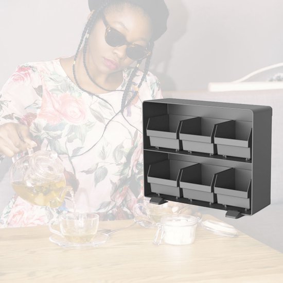 BRASQ Tee-Organizer Schwarz TB100 – Teedose mit 6 Fächern – Küchenorganizer – Teedose – Teebeutelhalter – Platzsparendes Aufbewahrungssystem