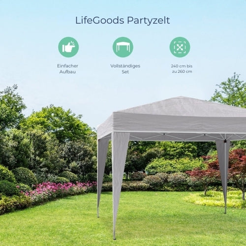 LifeGoods Partyzelt - Pavillon - 3x3 m - leicht aufbaubar - faltbar - wasserdicht - Tragetasche mit Rädern - grau