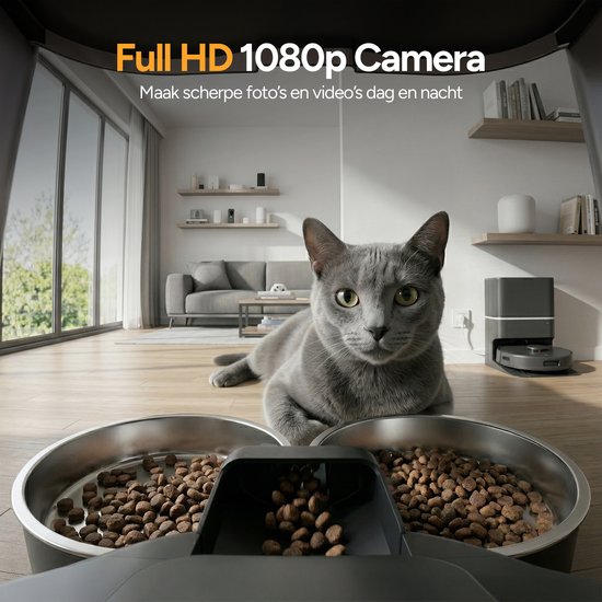 Viervoeter Feed Pro Dual – Automatischer Futterspender 7 l – HD-Kamera & Audio – Für Katzen und Hunde – Futterspender mit App – Schwarz