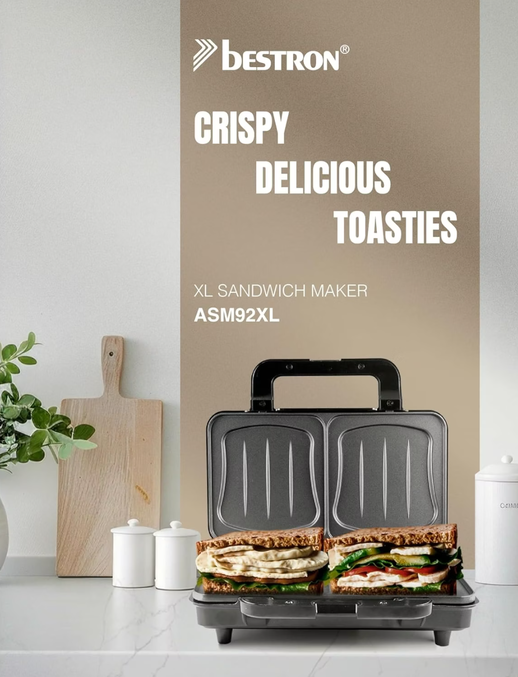 Bestron XL Sandwichtoaster ASM92XLSS  – 900 W – 26 × 31 × 12 cm – Beige