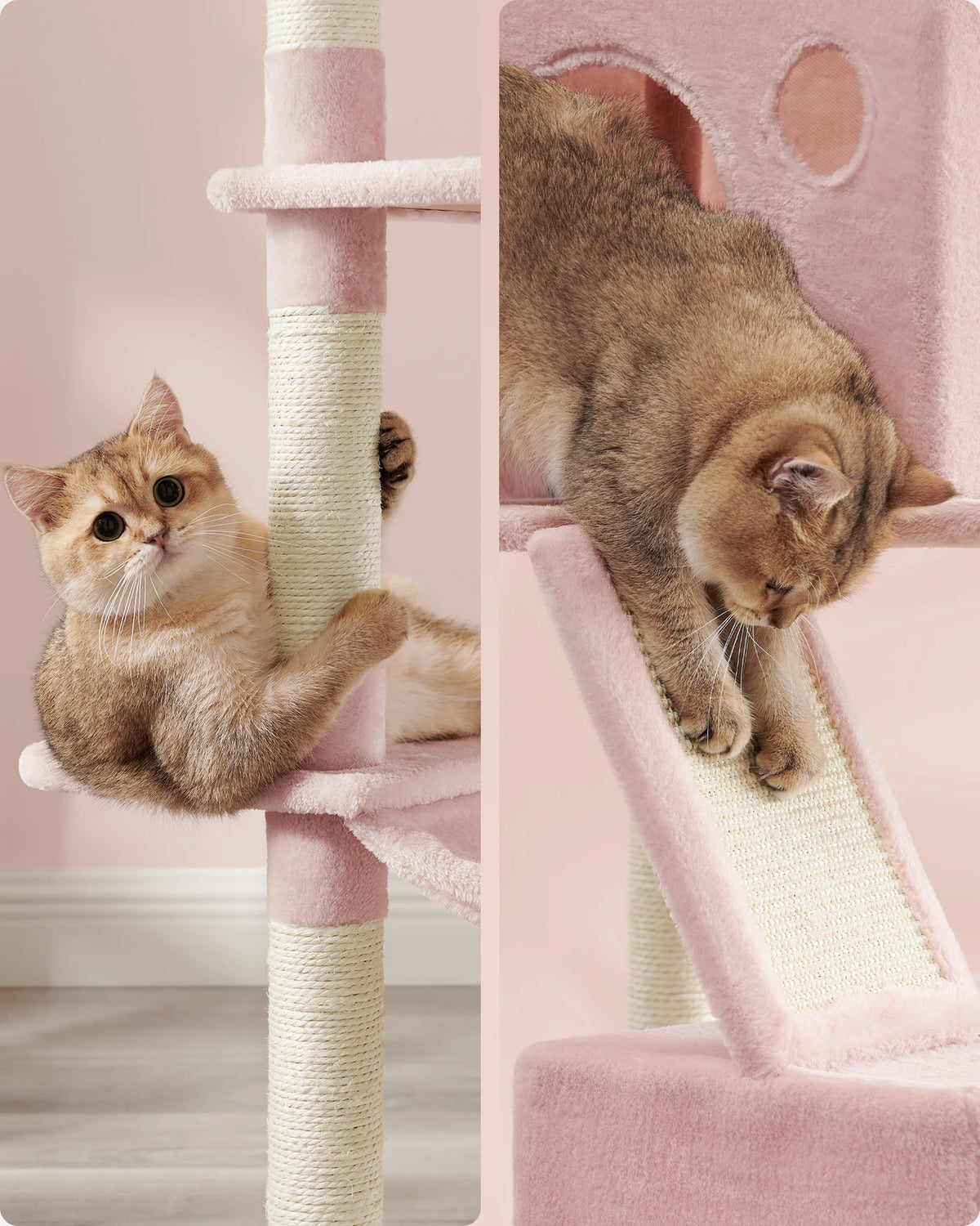 Joyfurnos Kratzbaum 206 cm – XXL-Katzenkletterturm mit 13 Kratzstämmen, 2 Katzenhäuschen und Hängematte – Rosa