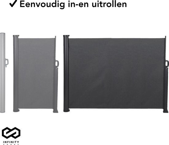 Infinity Goods Verstellbarer Windschutz – 300 x 160 cm – Ausziehbar – Aufrollbar – Sonnenschutz – Außenbereiche, Strand, Terrasse, Balkon, Camping – Schutz – Seitliche Markise – Wetterfest – Anthrazit