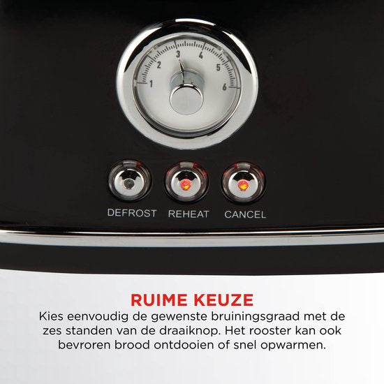 Retro-Toaster – Schwarzer Toaster mit nostalgischem Thermostat – 6 Heizstufen und Auftaufunktion – Praktische Krümelfangschale und extra hoher Brotheber