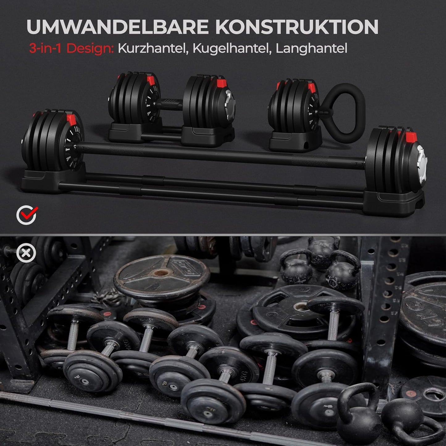 Yaheetech Verstellbares Hantelset – 18/24/40 kg – 3-in-1 – 12 Gewichtsstufen – Kurze Hantel, Kettlebell und Lange Hantel