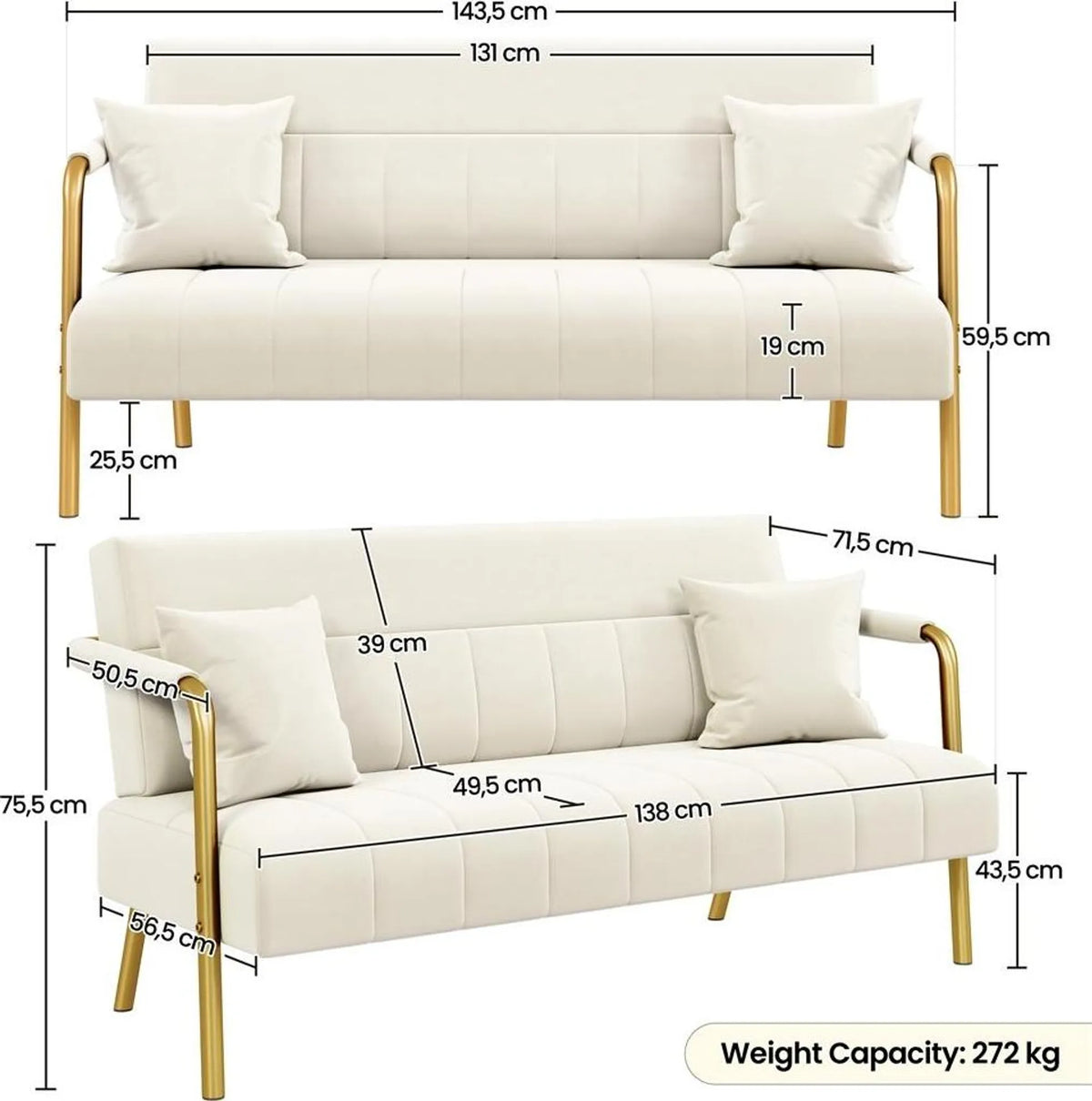 2-Sitzer-Stoffsofa mit Armlehnen und Metallbeinen, beige, 143,5 × 71,5 × 75,5 cm