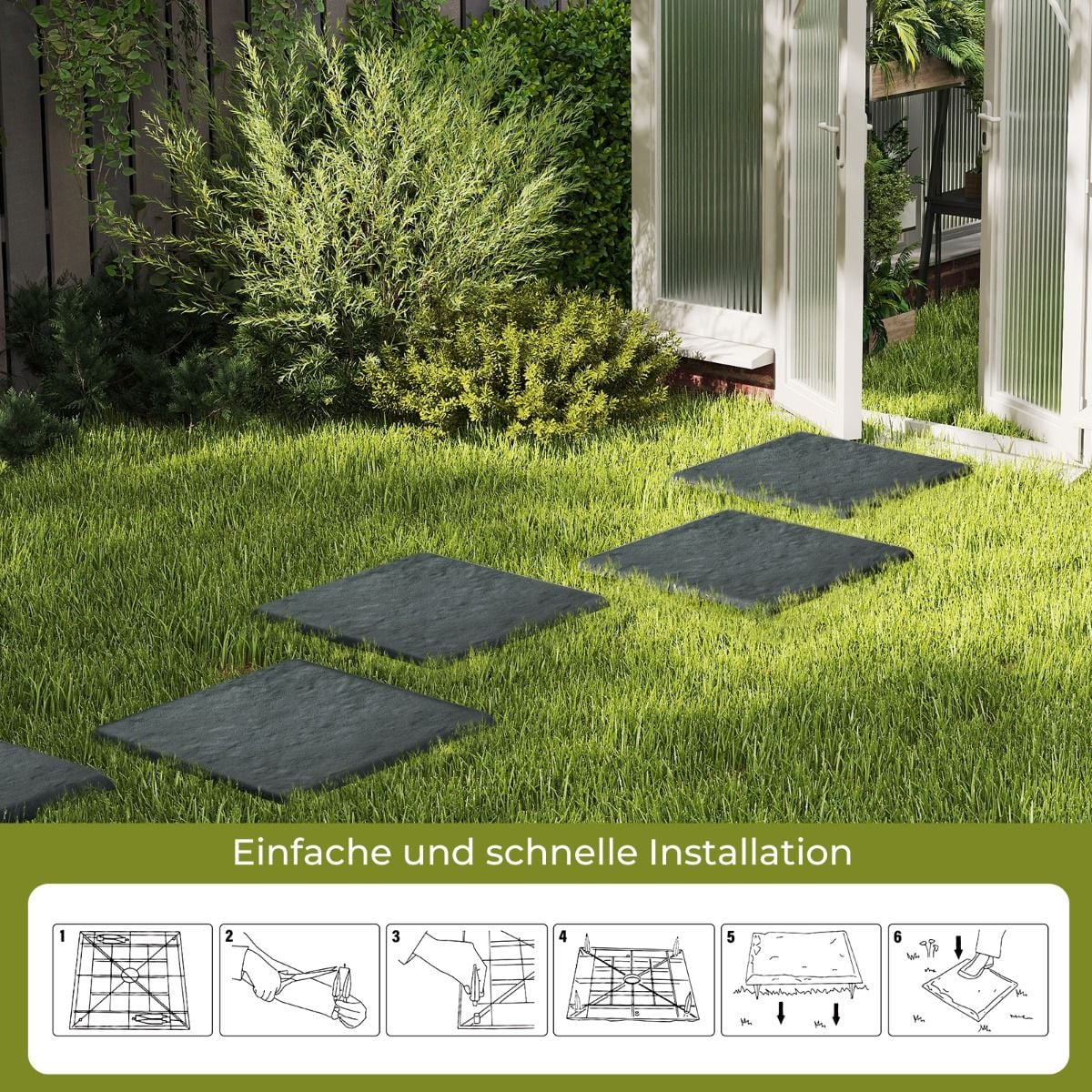 Coast Trittsteine Grau - Set aus 8 Gartenfliesen mit 32 Bodennägeln - 39,5 x 39,5 cm