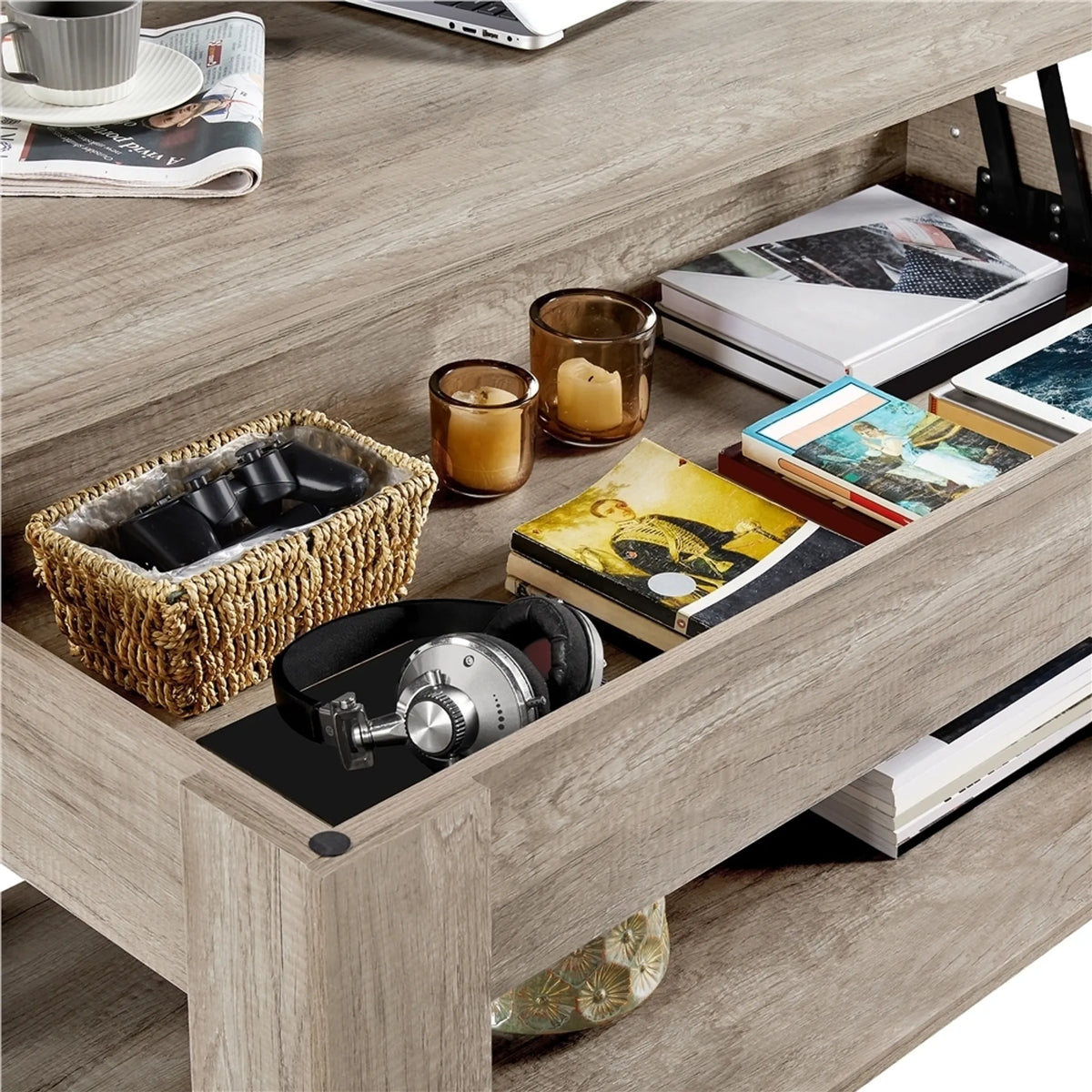 Yaheetech Couchtisch mit Lift-Top-Funktion - Mit versteckter Ablage und verstellbarem unteren Regal und Federmechanismus - Für Wohnzimmer und Arbeitszimmer - Grau Mdf und Metall - 120 x 59 x 49,5-63,5 cm