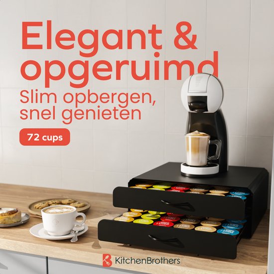 KitchenBrothers Kapselhalter - Kaffeetassenhalter - mit Schublade - Geeignet für Dolce Gusto - 72 Kapseln - Edelstahl - Schwarz
