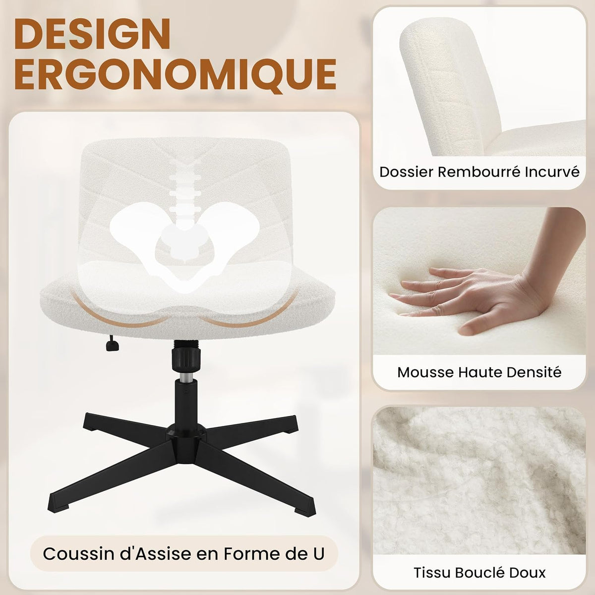 Yaheetech Ergonomischer Bürostuhl – Elfenbein – Bouclé – Verstellbare Sitzhöhe – Um 360° drehbar – Kreuzfuß