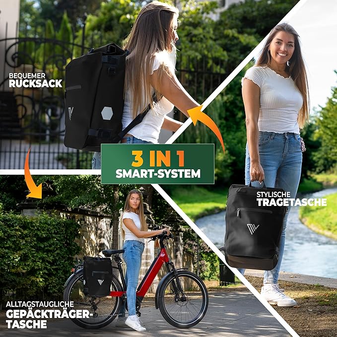 MIVELO Pannier - 3-in-1-Rucksack & Umhängetasche - Wasserdicht - 20 Liter - Schwarz