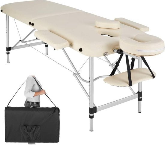 tectake - Aluminium-Massagetisch 2 Zonen, Massagetisch 4cm Matratze, klappbarer Massagetisch, höhenverstellbarer Aluminium-Massagetisch, tragbarer Massagetisch inklusive Zubehör, Aluminium-Kopfstütze, Armlehne und Tragetasche - beige
