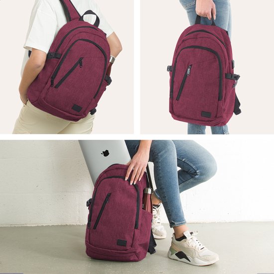TRVLMORE Rucksack mit Lifetime - Rucksack mit 15.6 Zoll Laptopfach - Schultasche - spritzwassergeschützt - Männer und Frauen - Jungen und Mädchen - 25L - Burgunderrot