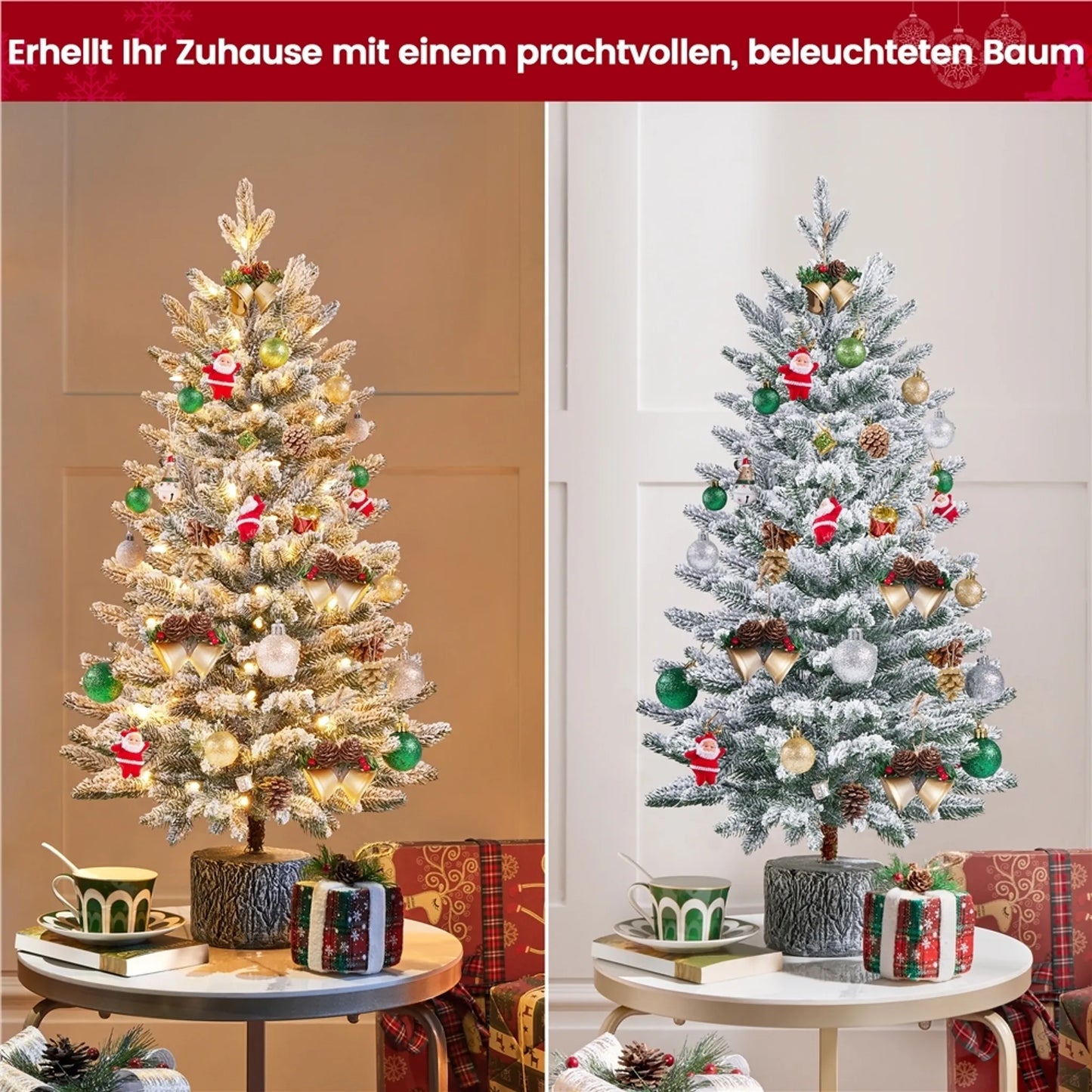 Yaheetech Tisch-Weihnachtsbaum mit Schnee und Lichtern - Φ55 x 92 cm - Mit 355 Zweigen und 50 LED-Lichtern und realistischem Stamm - Für Fensterbank und draußen - Grünes PVC und Metall