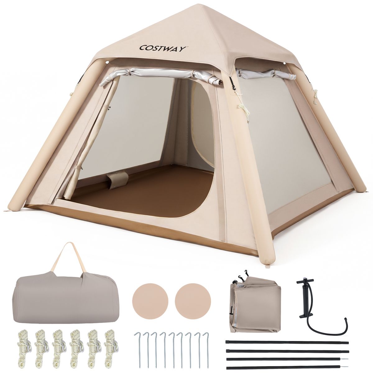 Coast aufblasbares Kuppelzelt – Schnell aufzubauen – Mit abnehmbarem Vordach – Khaki 230 x 230 x 163 cm