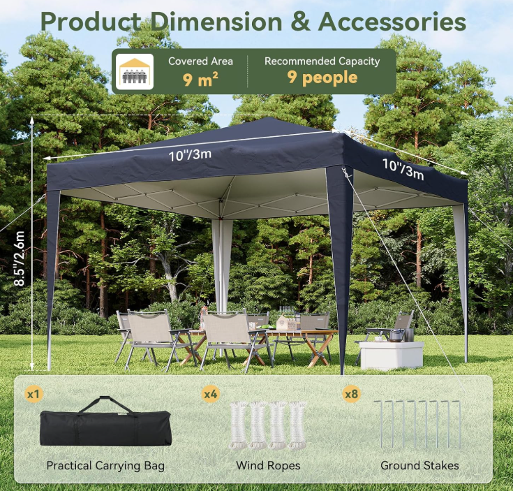 Aoxun Pop-up-Pavillon – Blau – 3 x 3 x 2,6 m – Metallgestell, inklusive Tragetasche