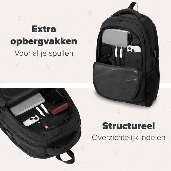 TRVLMORE Rucksack mit Lifetime - Rucksack mit 17 Zoll Laptopfach - Schultasche - Spritzwassergeschützt - Männer und Frauen - Jungen und Mädchen - 36L - Schwarz