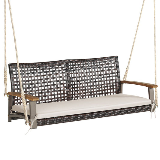 Coast 2-Sitzer Schaukelbank PE-Rotan mit Kissen 131x68x54 cm Beige - Hängeschaukel mit Armlehnen aus Akazienholz