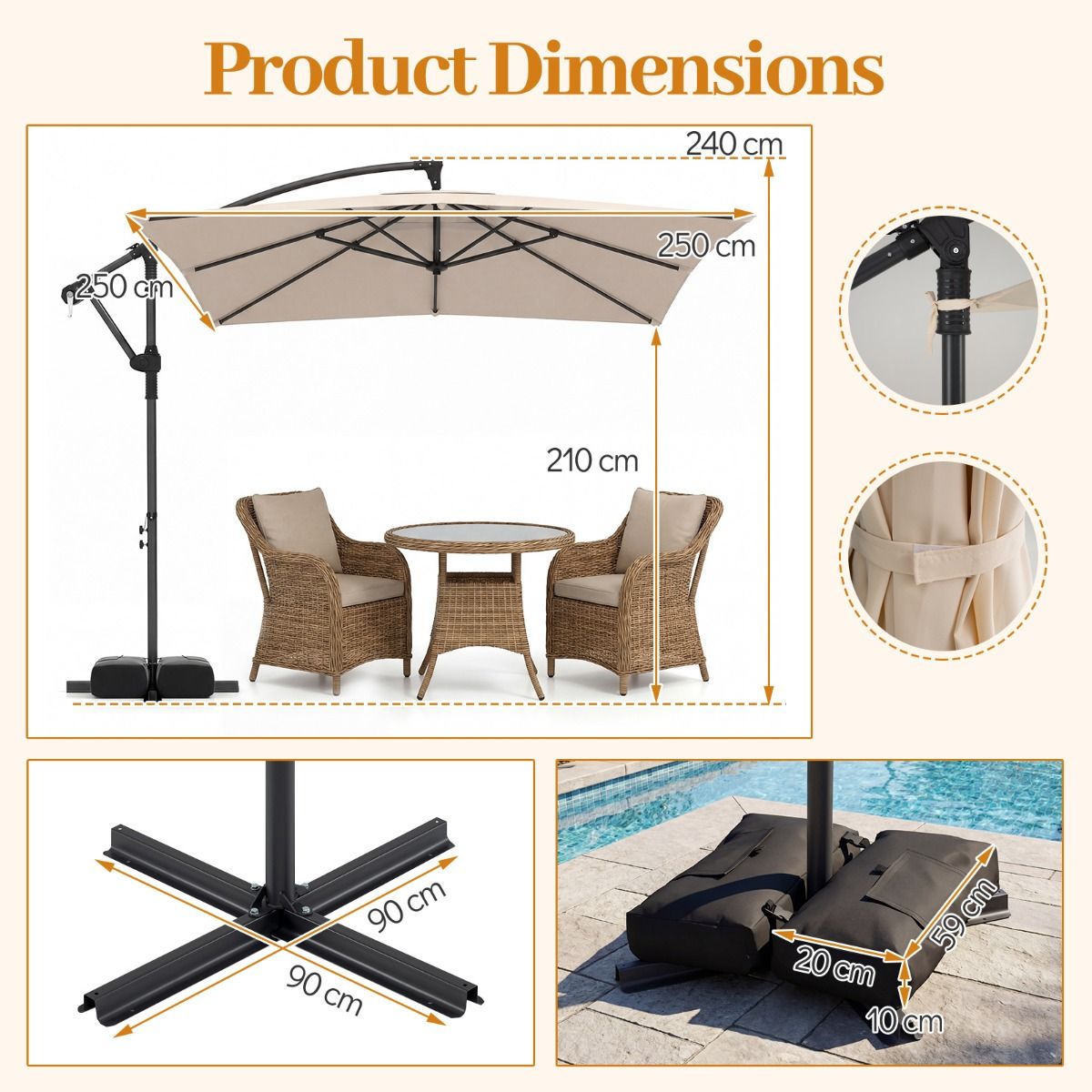 Coast quadratischer Hängesonnenschirm – um 360° drehbar – Pendelmechanismus – beige 250 x 250 cm