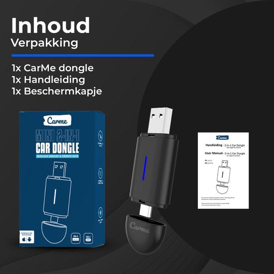 CarMe Mini 2-in-1 CarPlay Dongle - USB-A & USB-C - Drahtloses CarPlay & Android Auto - Android Auto Dongle - Schwarz