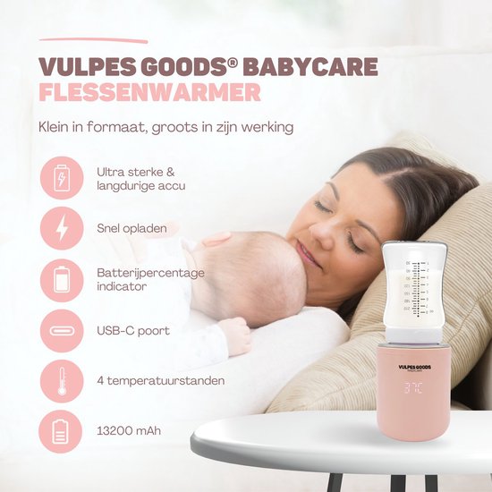 Vulpes Goods® BabyCare Flaschenwärmer On the Go Pro Max - Tragbarer Babyflaschenwärmer - Intelligenter Flaschenwärmer - 4 Temperaturstufen - Kabellos - Rosa