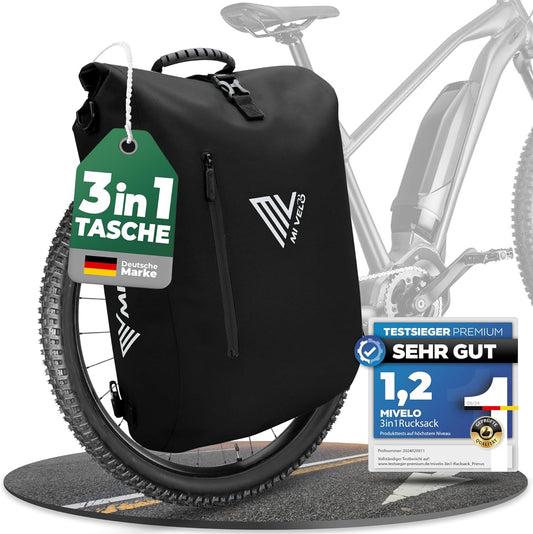 MIVELO - 3-in-1 wasserdichte Fahrradtasche - Rucksack und Umhängetasche - inkl. Laptopfach - 20L - Schwarz