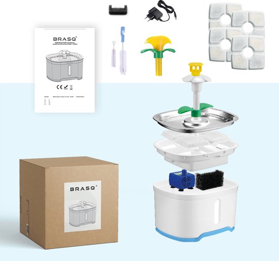 BRASQ Trinkbrunnen Katze und Hund 2,5 Liter - Wasserbrunnen - Katzenbrunnen - Wasserspender - Tiertränke - Weiß - BPA frei - geräuschlos - Inklusive 4 Ersatzfilter + Zubehör