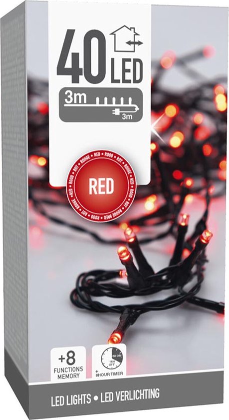 Weihnachtsbeleuchtung 40 led- 3m - rot - Timer - Lichtfunktionen - Speicher - Außen - Innen