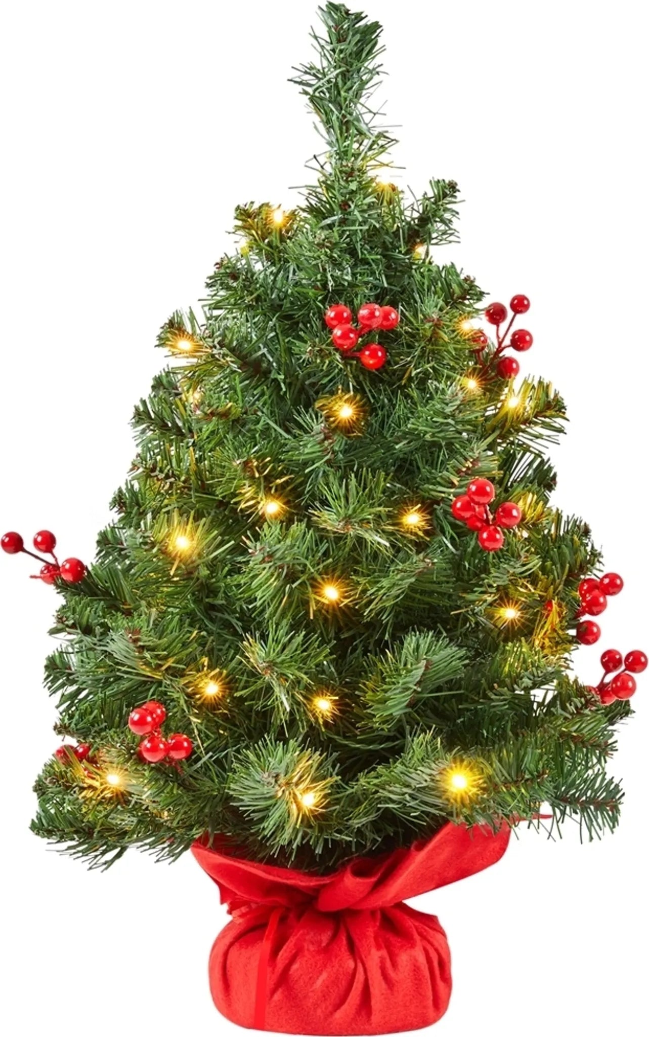 Yaheetech Tisch-Weihnachtsbaum mit Lichtern - 38 x 38 x 60 cm - Mit 35 LED-Lichtern und 40 roten Beeren und Betonsockel mit rotem Tuch - Für Sideboard und Büro - Grünes PVC und Beton